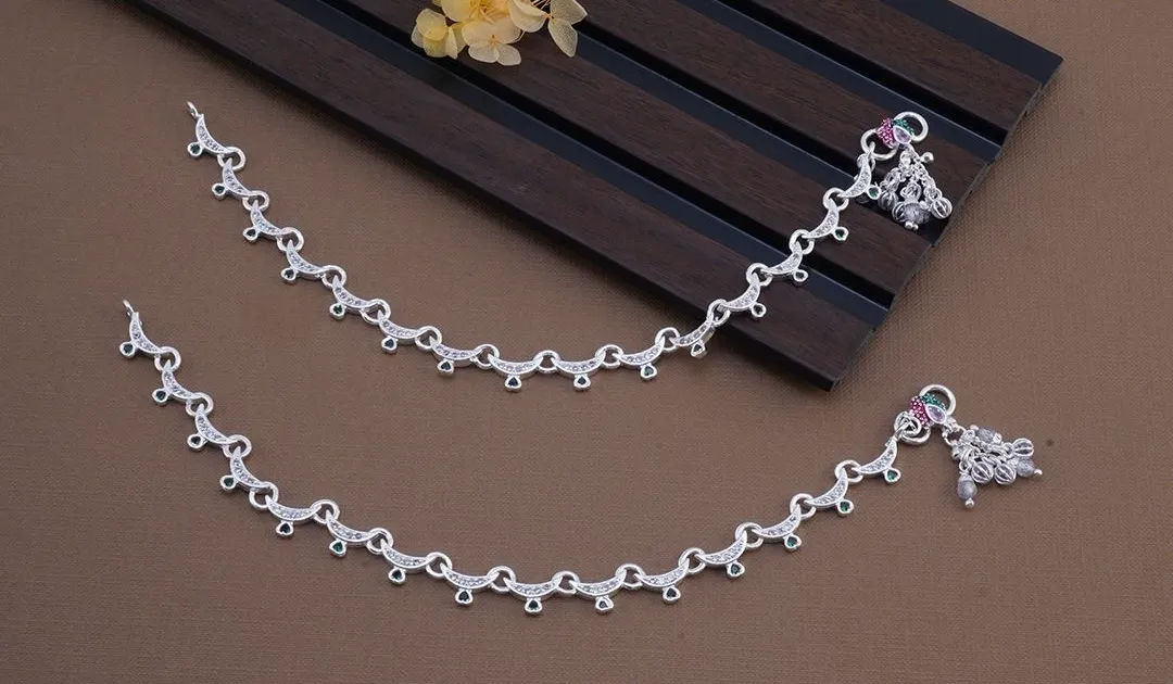 Crescent Sparkle Stone-Studded Silver Anklets (Payal)
